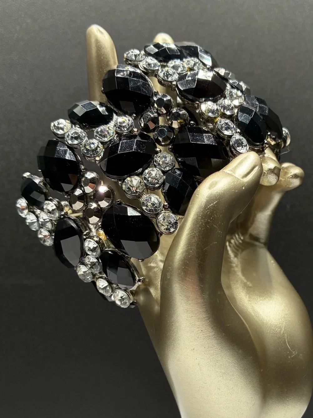 Bold Vintage Black & Silver Crystal Stretch Statement Bracelet